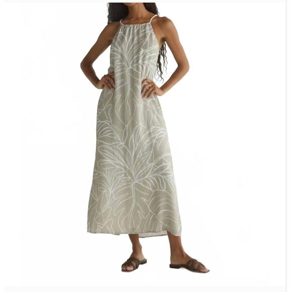 Bella Dahl Dresses & Skirts - Bella Dahl Tropical Palm Print Halter Maxi Dress Cream Sz L Boho Beachy Resort